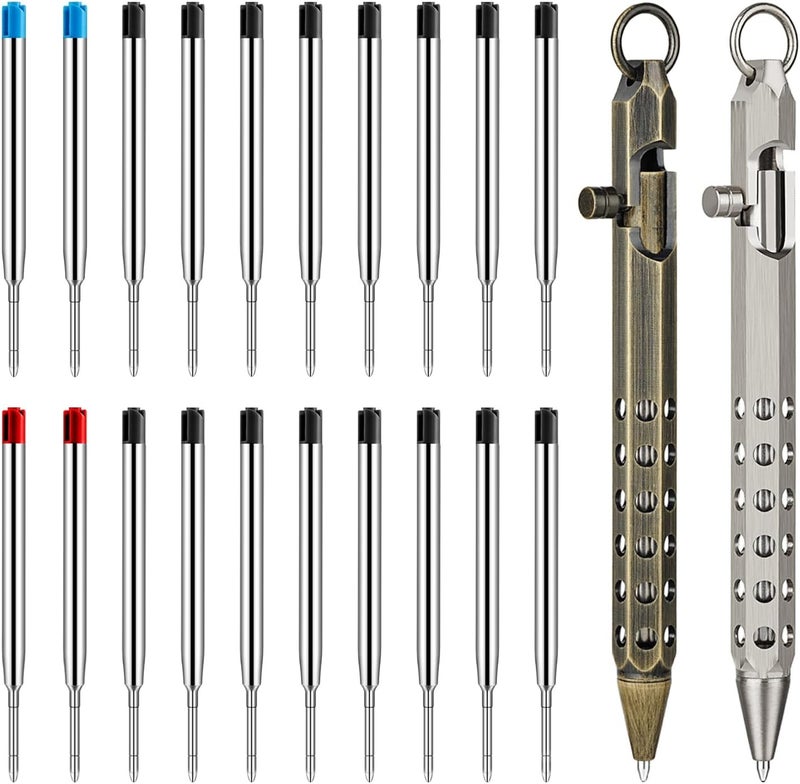 Origin-Joy 2 Pack Bolt Action Pen Set, Six Edge Solid Brass EDC Pocket Tactical Pen With 20 Ballpoint Refills (Retro Black & Nickel Gray) - Image 1